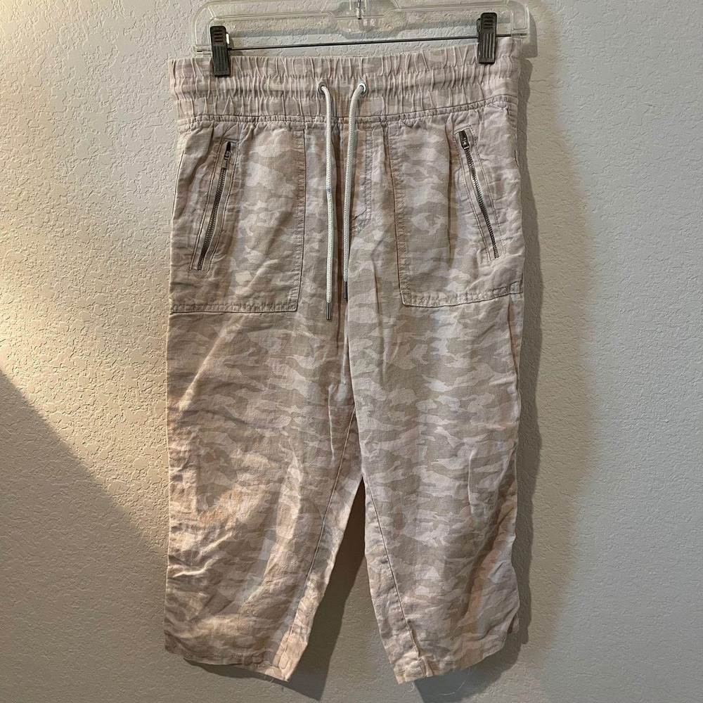 Athleta Cabo Tide Linen‎ Jogger Cropped Camo Pants Drawstring Size 4